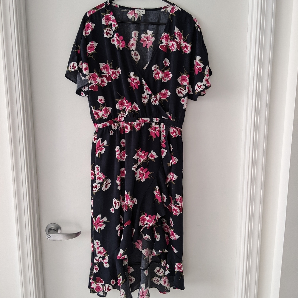 J. Crew navy floral high-low faux wrap dress
